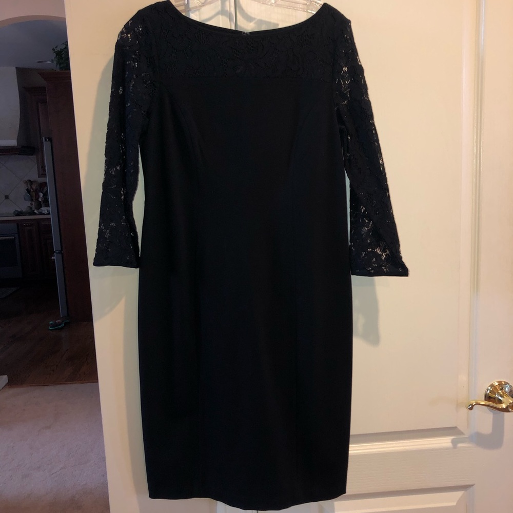 Talbots Black Knit Dress with Lace Yoke and Sleeves Size 6
